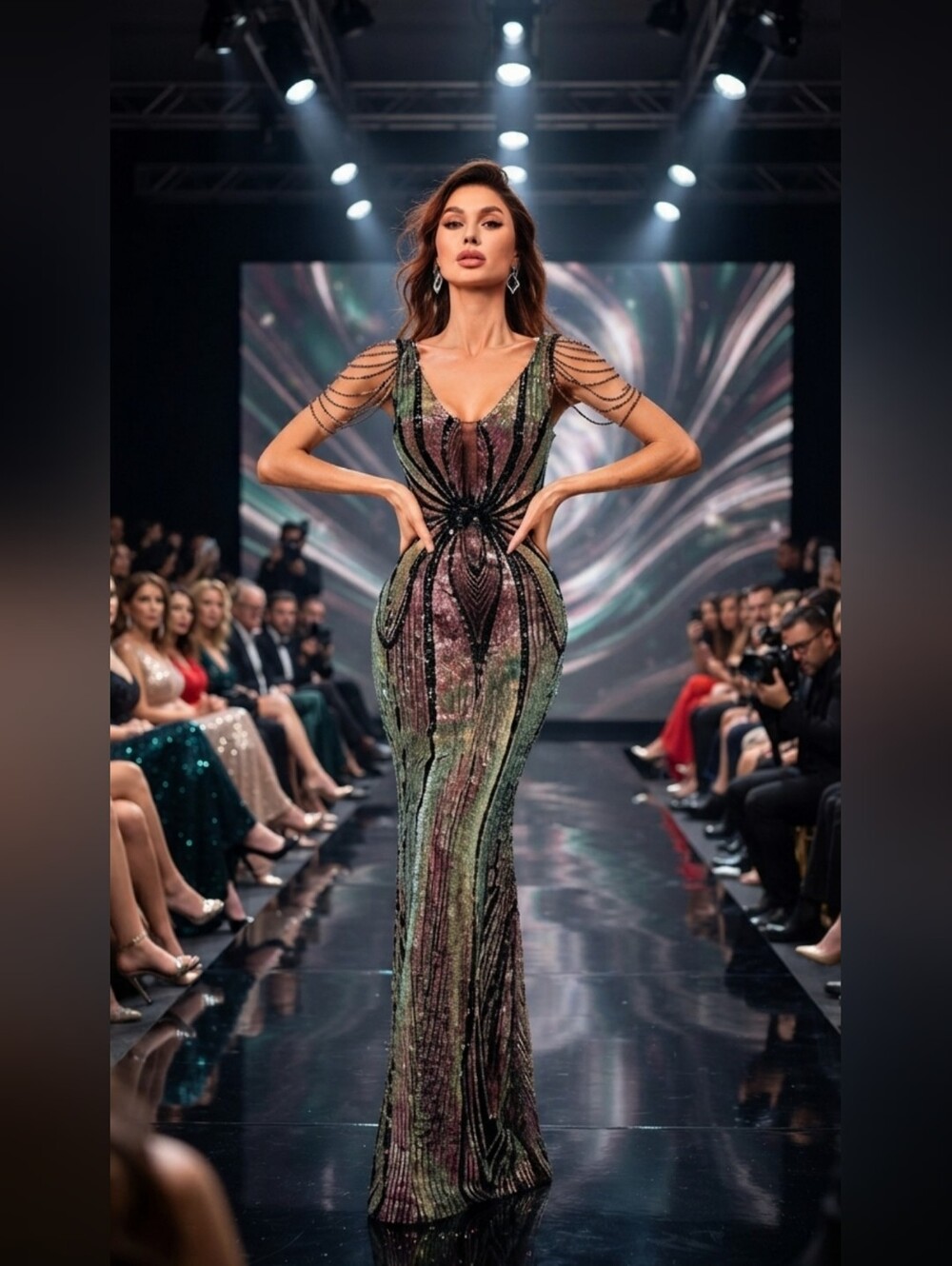 Sequin V-Neck Evening Gown in Multicolor